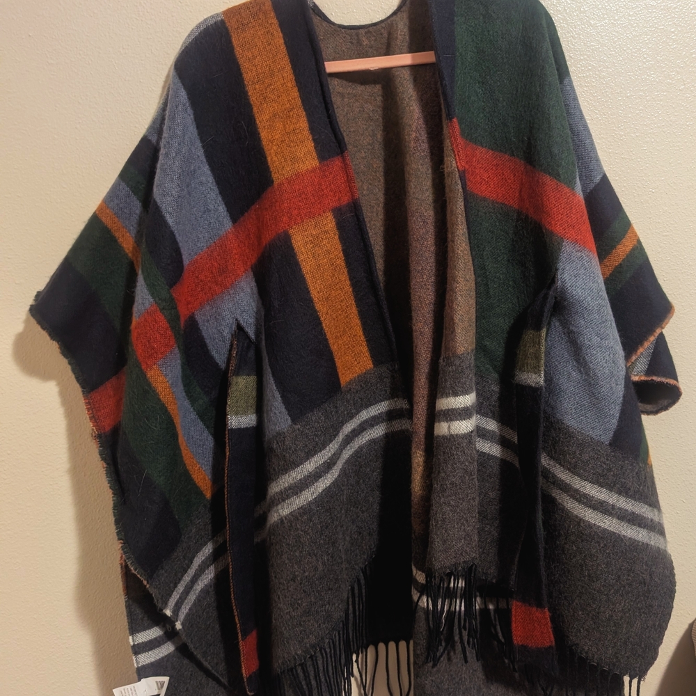 Multicolor Plaid Poncho with Fringe And Belt